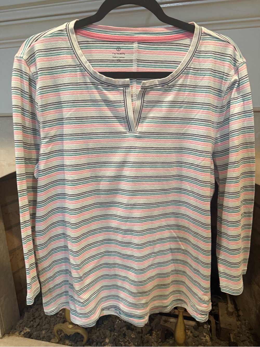T by Talbots Striped Notch-Neck Long-Sleeve Top - Pink, Blue & White size XL